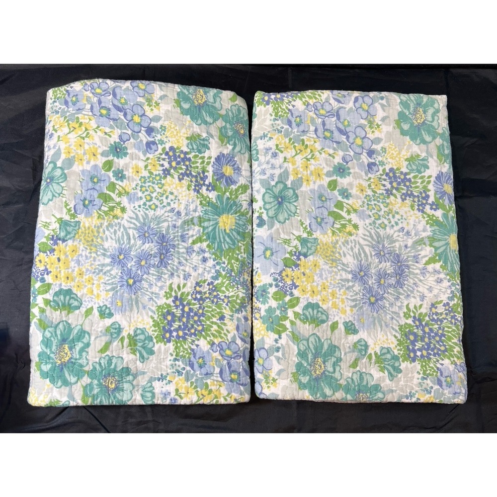 Vintage Laura Ashley Floral Quartet Pillow Shams 2 PC Quilted Green Blue STD SZ